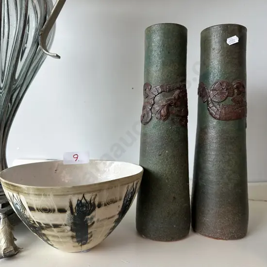 Pr of pottery vases and bowl - signed