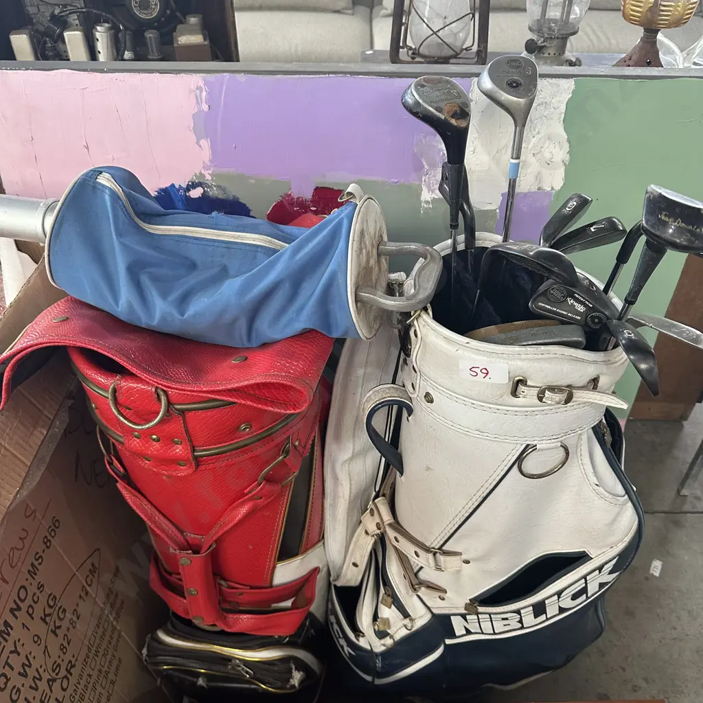 Two golf bags, clubs and ball collector plus art Image 1++