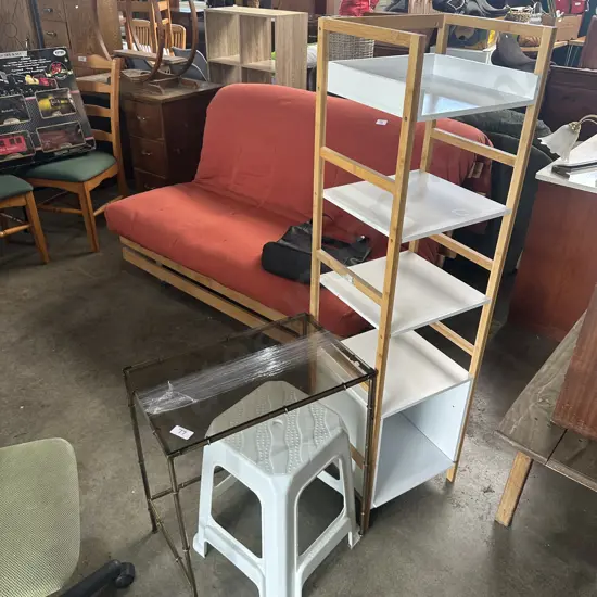 Tower shelf, side table and plastic stool.
