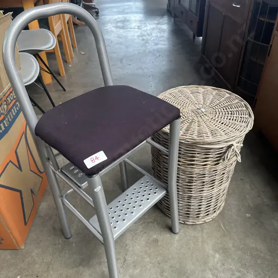 Cane laundry basket and steps/seat.