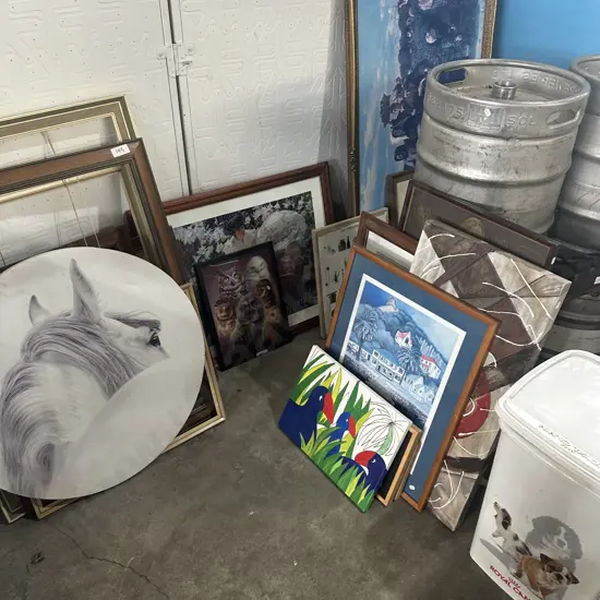 large lot pictures and frames plus bin etc