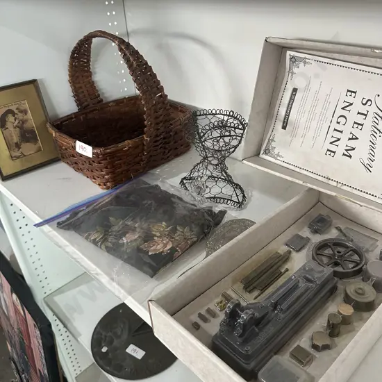 steam engine, vintage linen etc