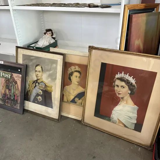 Vintage royalty pictures plus other paintings and prints, framed magizine