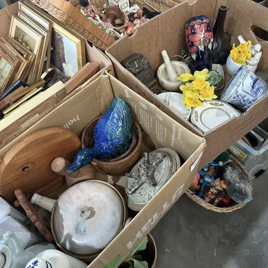 Two boxes mortice and pestle, door stop, pottery etc.
