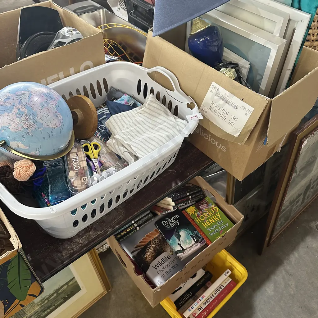 Two box books plus wash basket & box  of contents mirror, pictures, lamp, globe etc. Image 1++