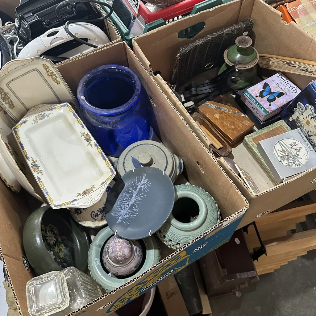 Two boxes china, pottery, blue vase etc. Image 1++