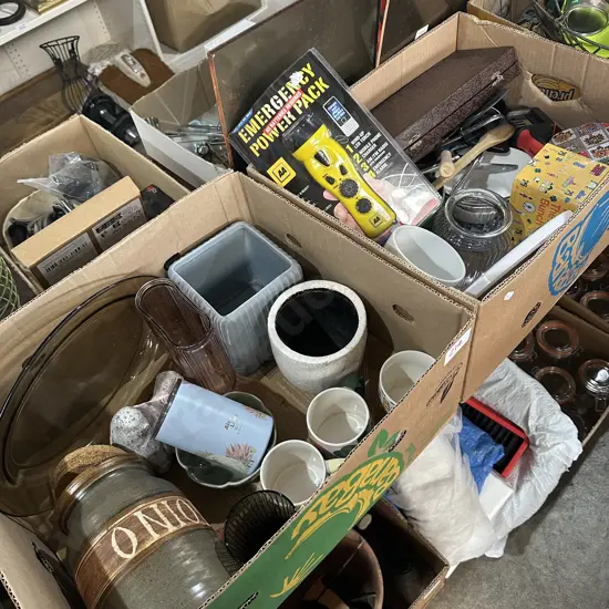 Two boxes pottery jar, emergency power pack, clock etc.