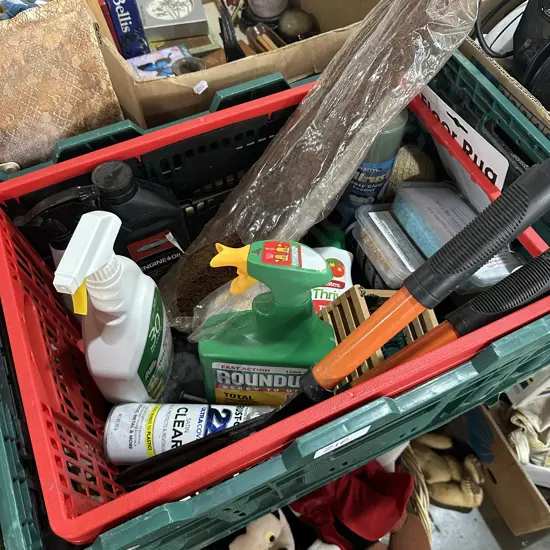 Two bins, mower oil and 30 seconds, rust killer etc.