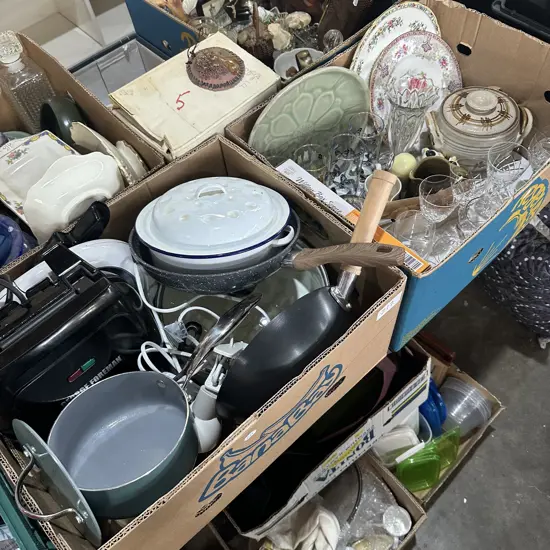 Two boxes pots and pans, plates, crystal and pottery etc.