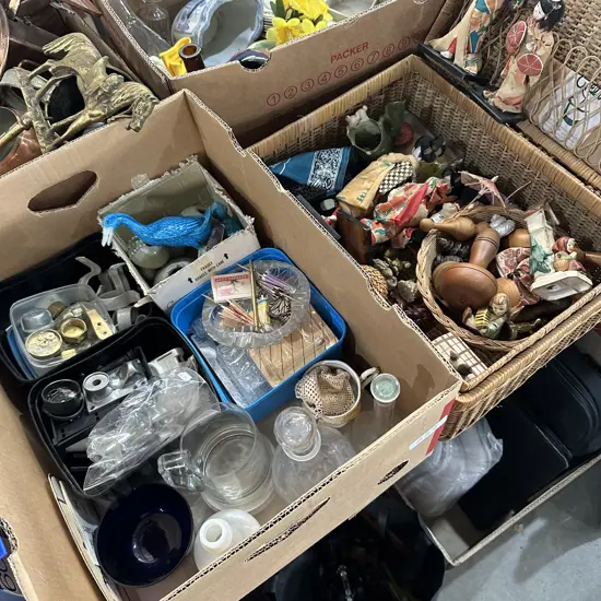 basket inc Goebel figures, box lot hardware etc