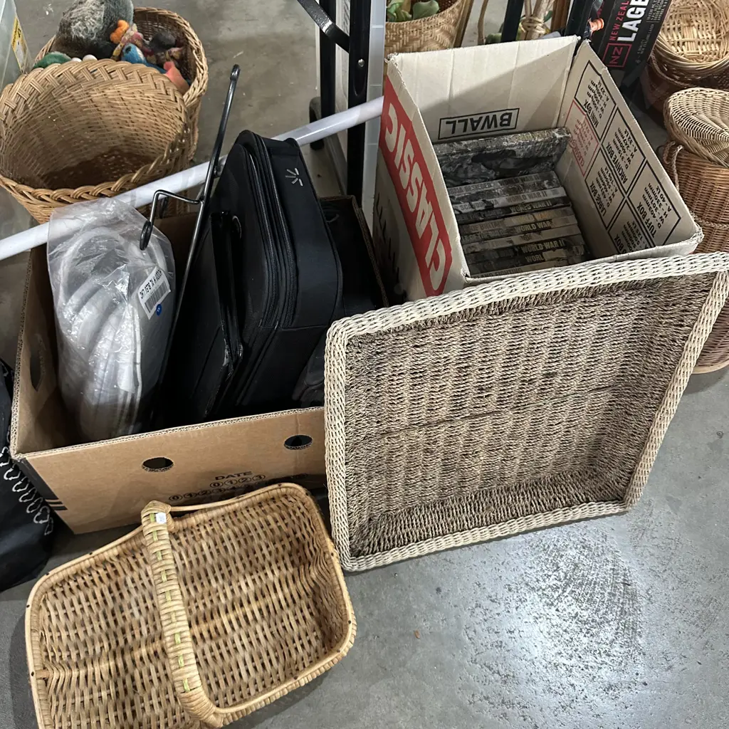 vintage basket, wicker tray, war books, box asst. Image 1++