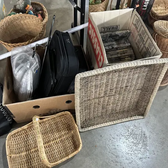 vintage basket, wicker tray, war books, box asst.