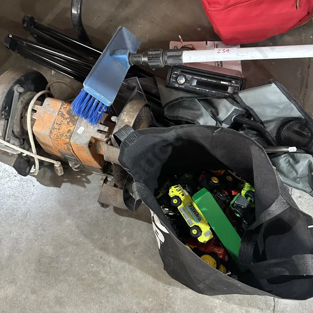 bench grinder, chair, toys, hose brush, stereo Image 1++