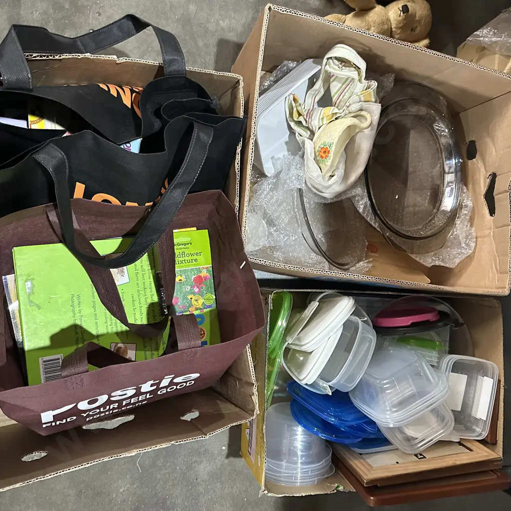 3 boxes, containers, books and kitchenware Image 1++