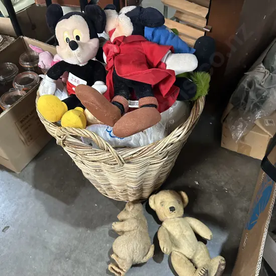 basket of Disney toys and old bears etc