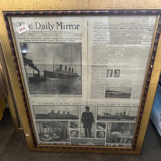 framed Titanic newspaper pages plus 1901 framed pages of Victoria etc