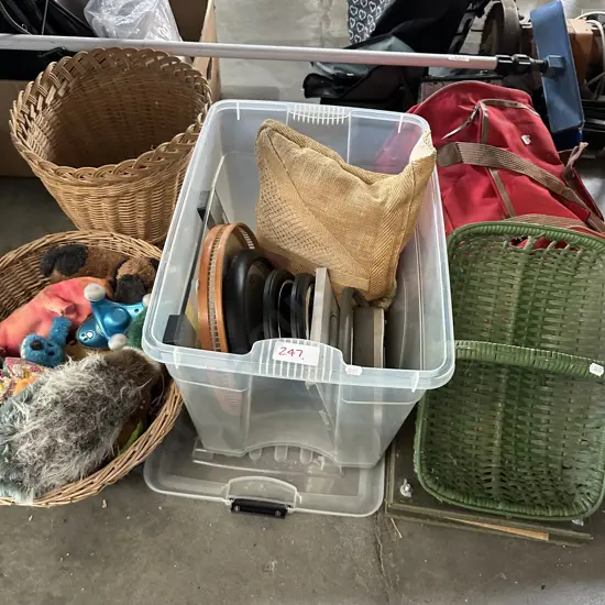 baskets, toys clocks etc