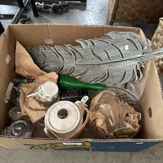 metal garden art, Japanese teapot etc