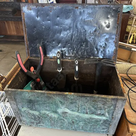 rustic wood box and some garden tools