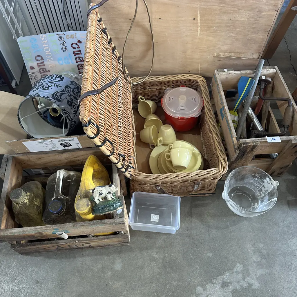 Picnic basket and contents, cast door stop, tools, box lot etc Image 1++