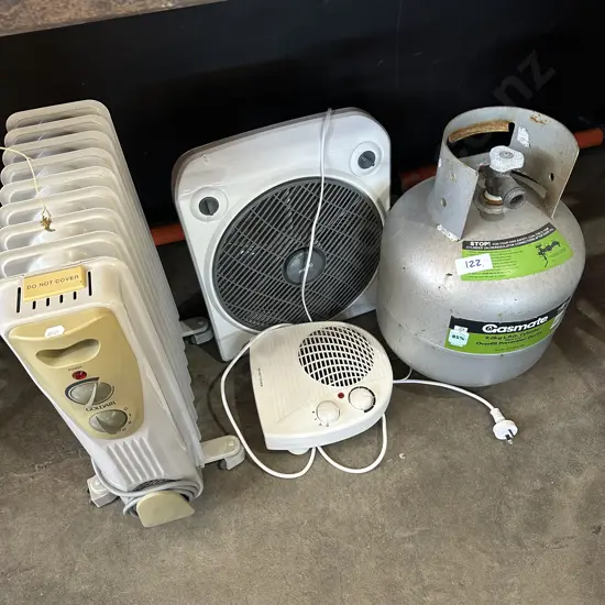 gas bottle, heaters and fan