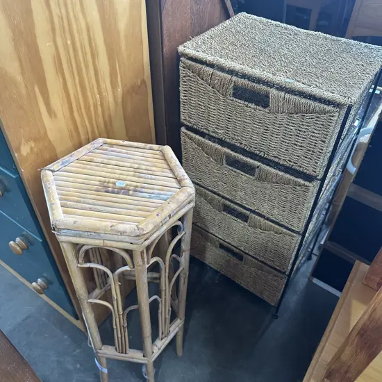 wicker drawers and cane plant stand
