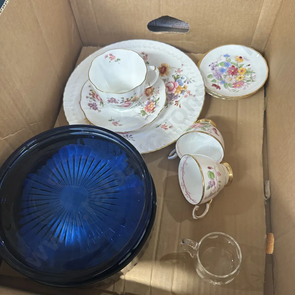 Blue glass lidded bowl and chinaware etc Image 1++