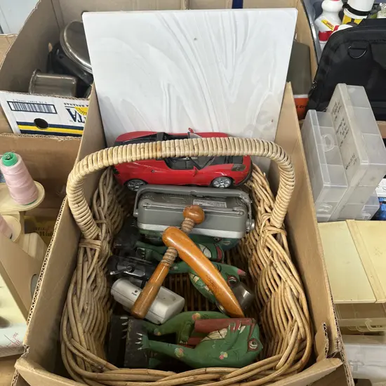 cane fruit basket, wooden ornaments, chopping board etc