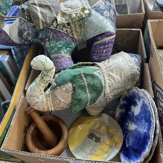 china plates, pestal morter and elephants