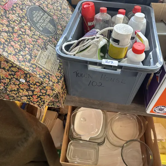 bin, product, iron, plus box of pyrexware