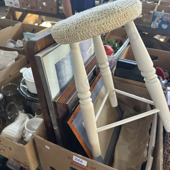 stool, mirror, pictures etc