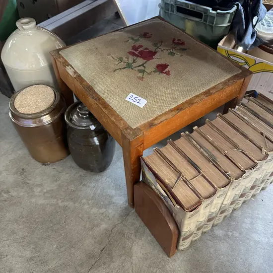 stone crocks, books, stool