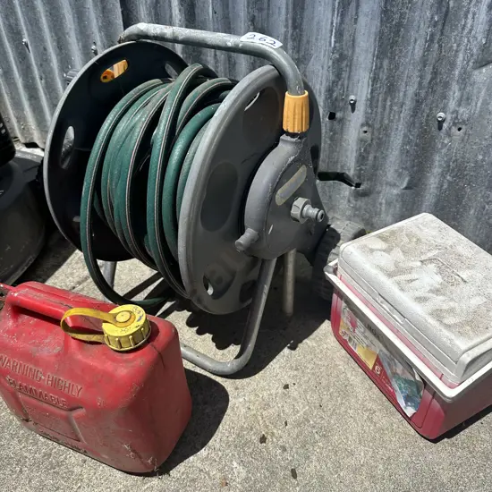 hose and reel, petrol can and esky