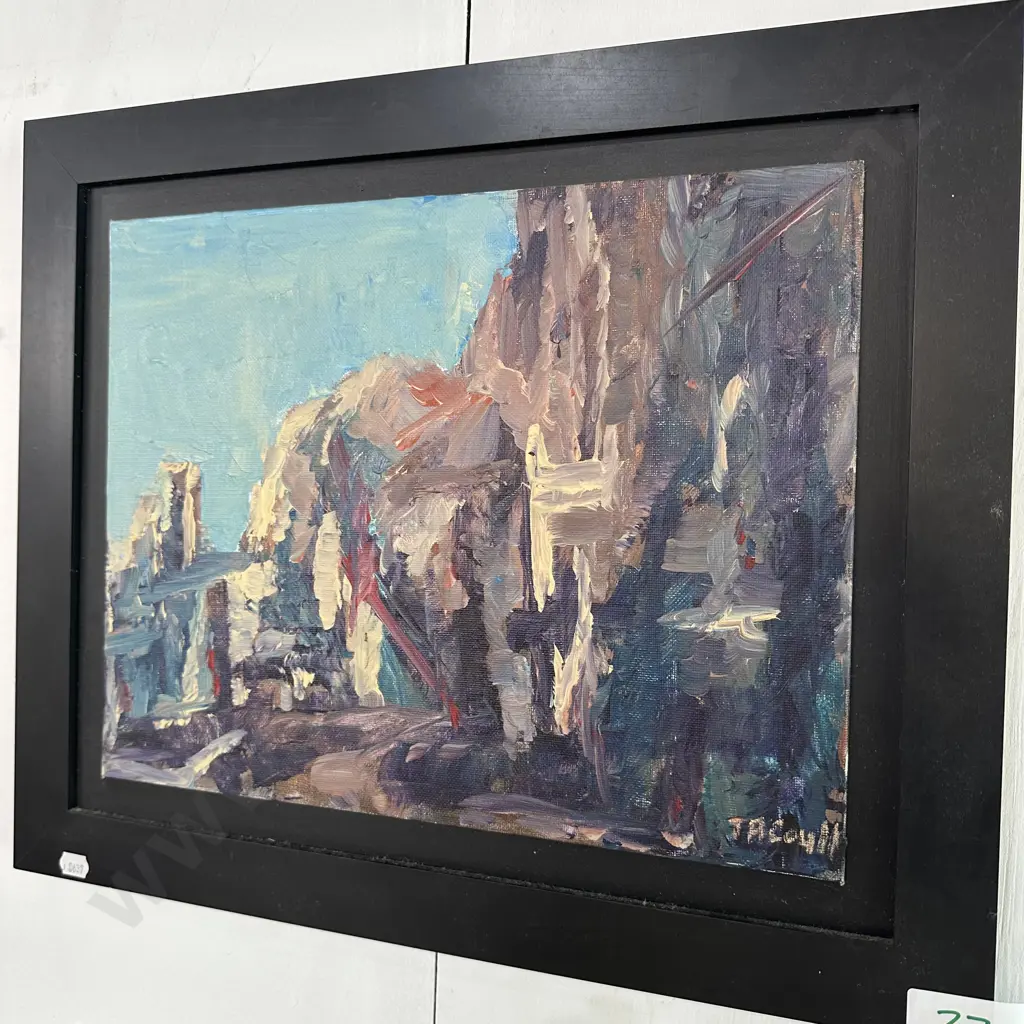 Oil painting by Coull "sea cliff at Wainui, Akaroa harbour" Image 1++