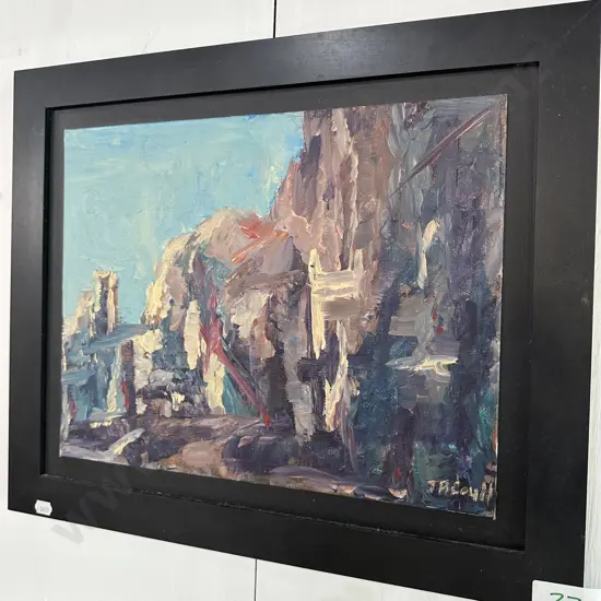 Oil painting by Coull "sea cliff at Wainui, Akaroa harbour"