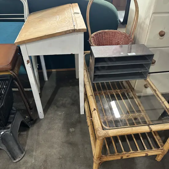 coffee table, steel file, basket and desk