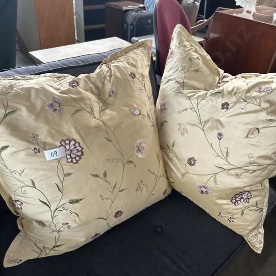 Pr large feather filled silk cushions
