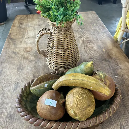 pottery platter & fruit plus wicker vase