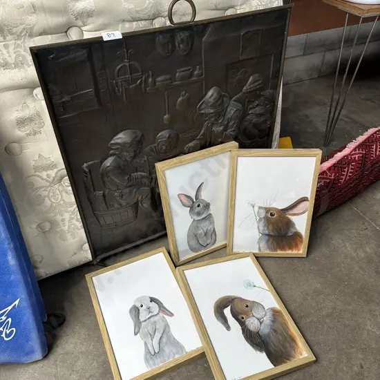 fire screen and rabbit paintings
