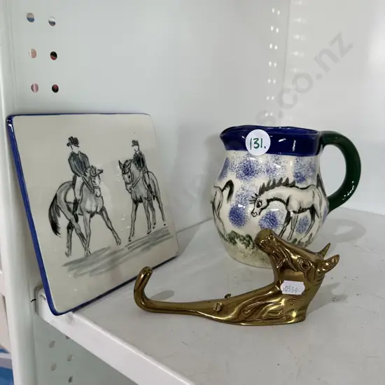 brass horse coat hanger and Jane Langdale pottery