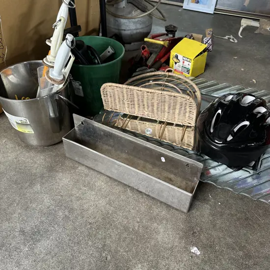 stainless rack & bucket plus knife sharpeners etc