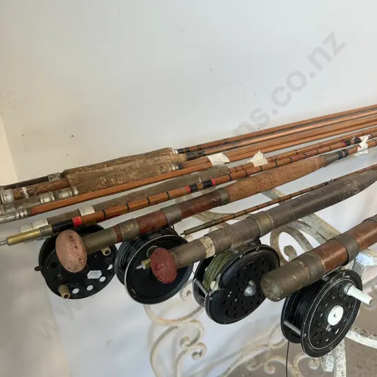 collection of antique split cane & wooden fly rods plus reels