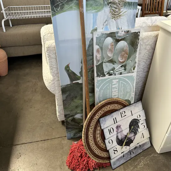 clock, tapa art, mop, brush, prints