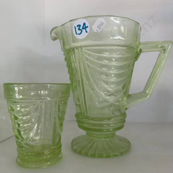 Art Deco Green glass jug and glass