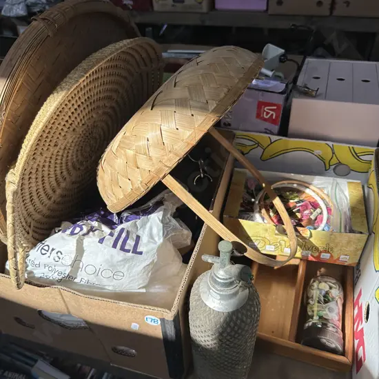 Baskets, sewing and soda siphon