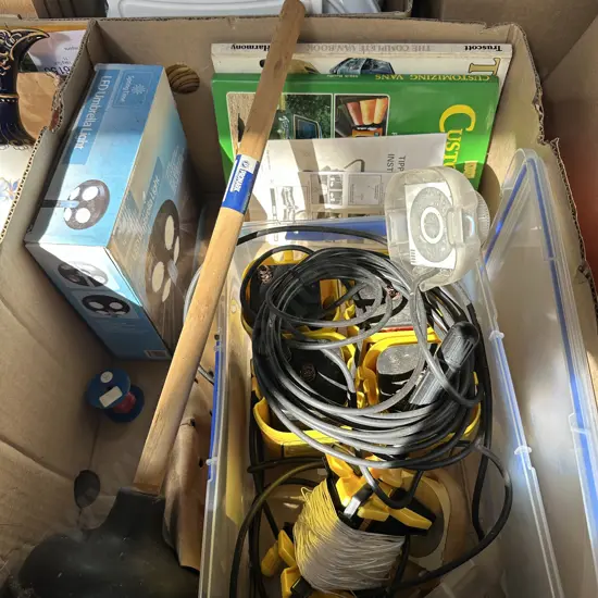 Box lot with LED light and plunger etc.