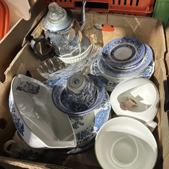 Box of blue and white china etc.