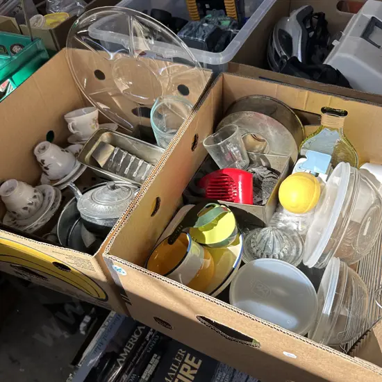 Two boxes English china, Glass containers and jugs etc.
