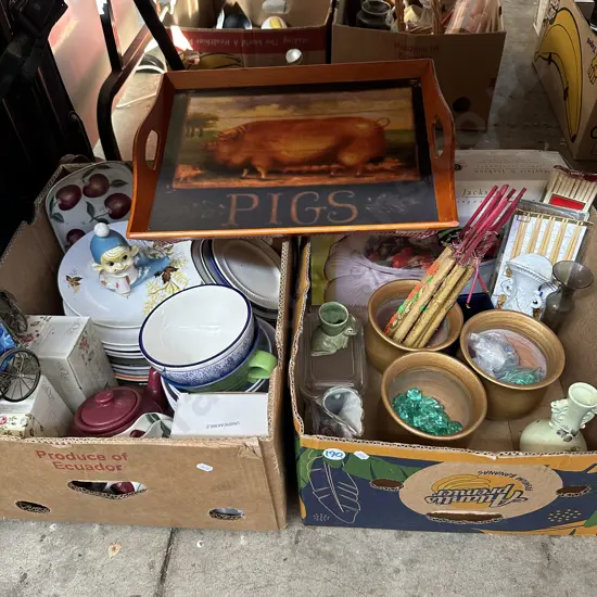 Two boxes plates including crown lynn, set of planters etc.
