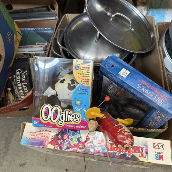 Stock pots, boxed toy, puzzle, twister etc.